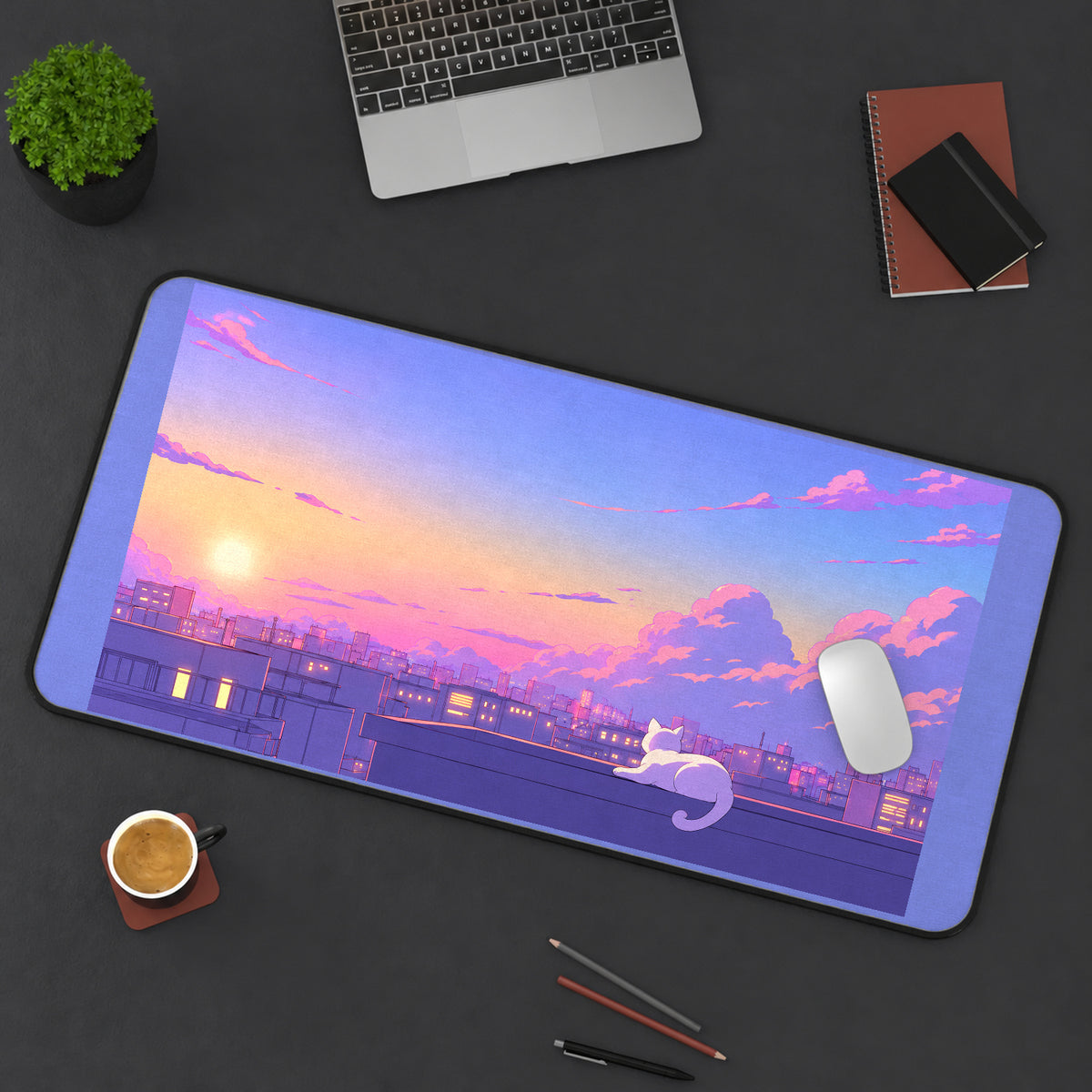 Rooftop Cat at Pastel Sunset desk mat — product mockup 3