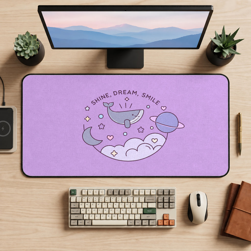 Purple Whale and Moon Doodles desk mat — product mockup 2
