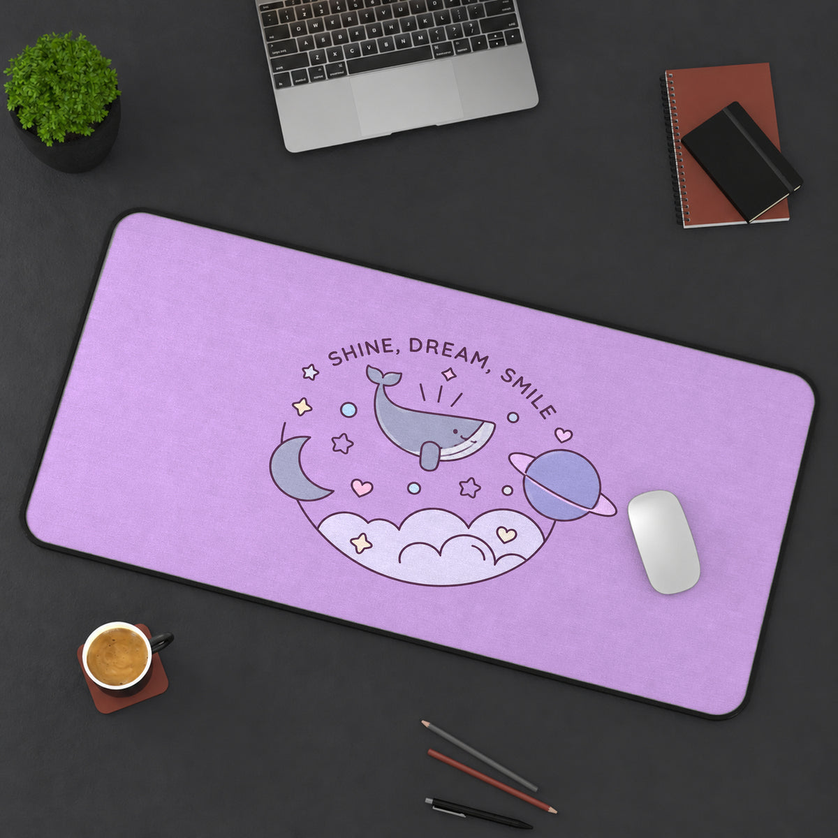 Purple Whale and Moon Doodles desk mat — product mockup 3
