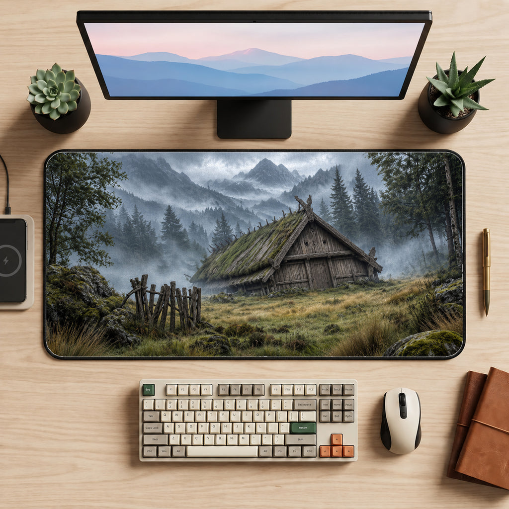 Misty Viking Longhouse Desk Mat — product mockup 2