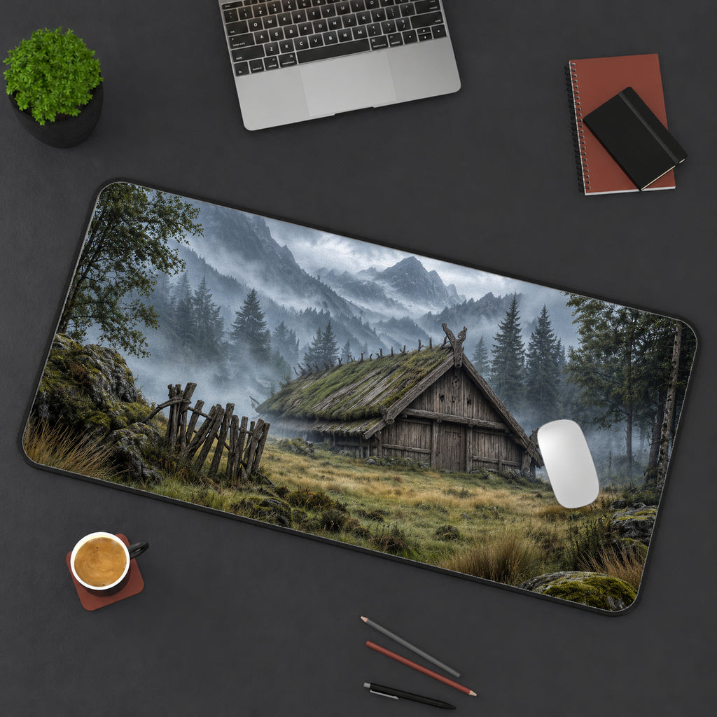 Misty Viking Longhouse Desk Mat — product mockup 3
