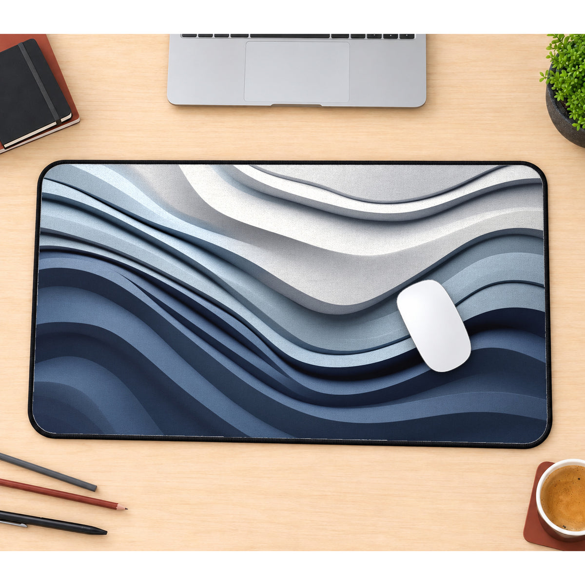 Blue-Gray Topographic Waves Desk Mat — product mockup 1