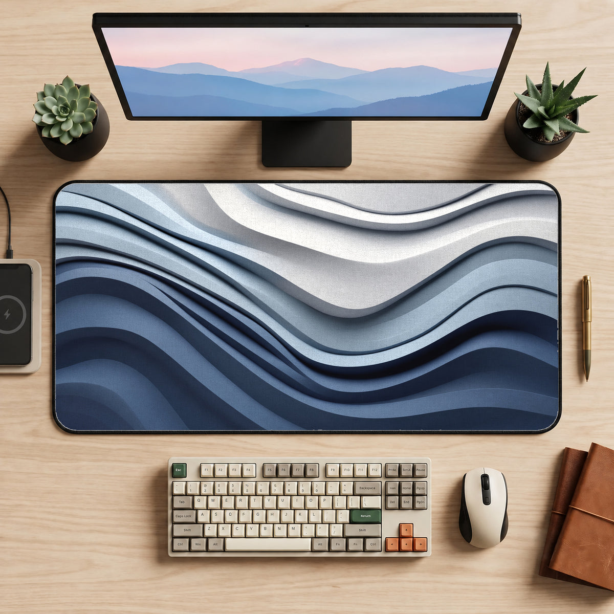 Blue-Gray Topographic Waves Desk Mat — product mockup 2