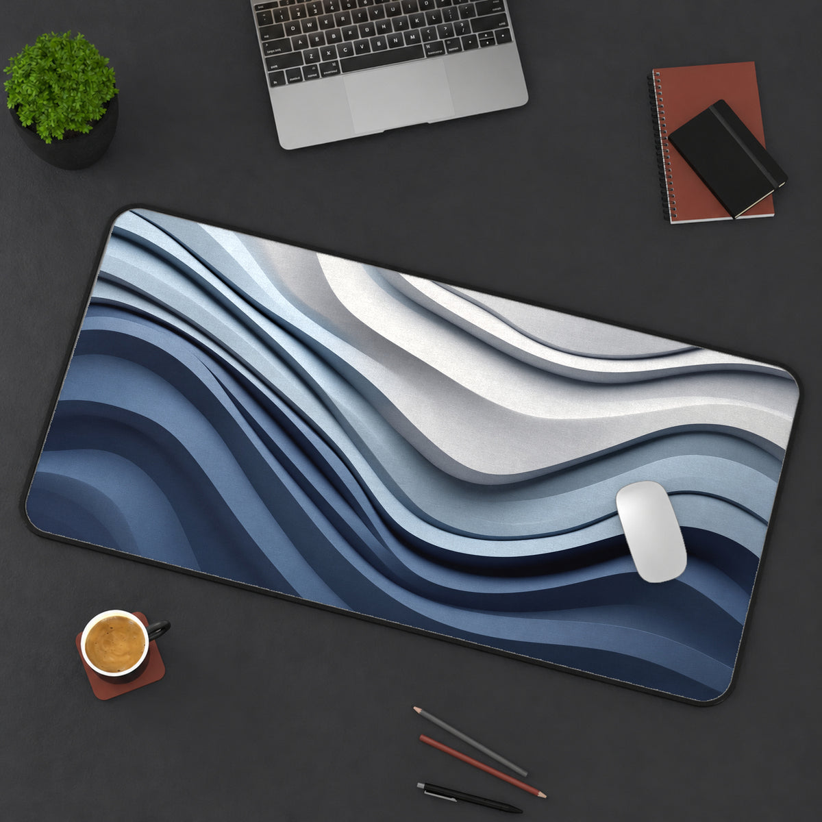 Blue-Gray Topographic Waves Desk Mat — product mockup 3