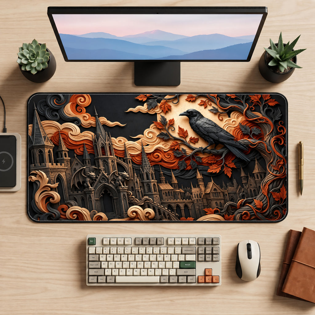 Autumn Gothic Raven Desk Mat — product mockup 2