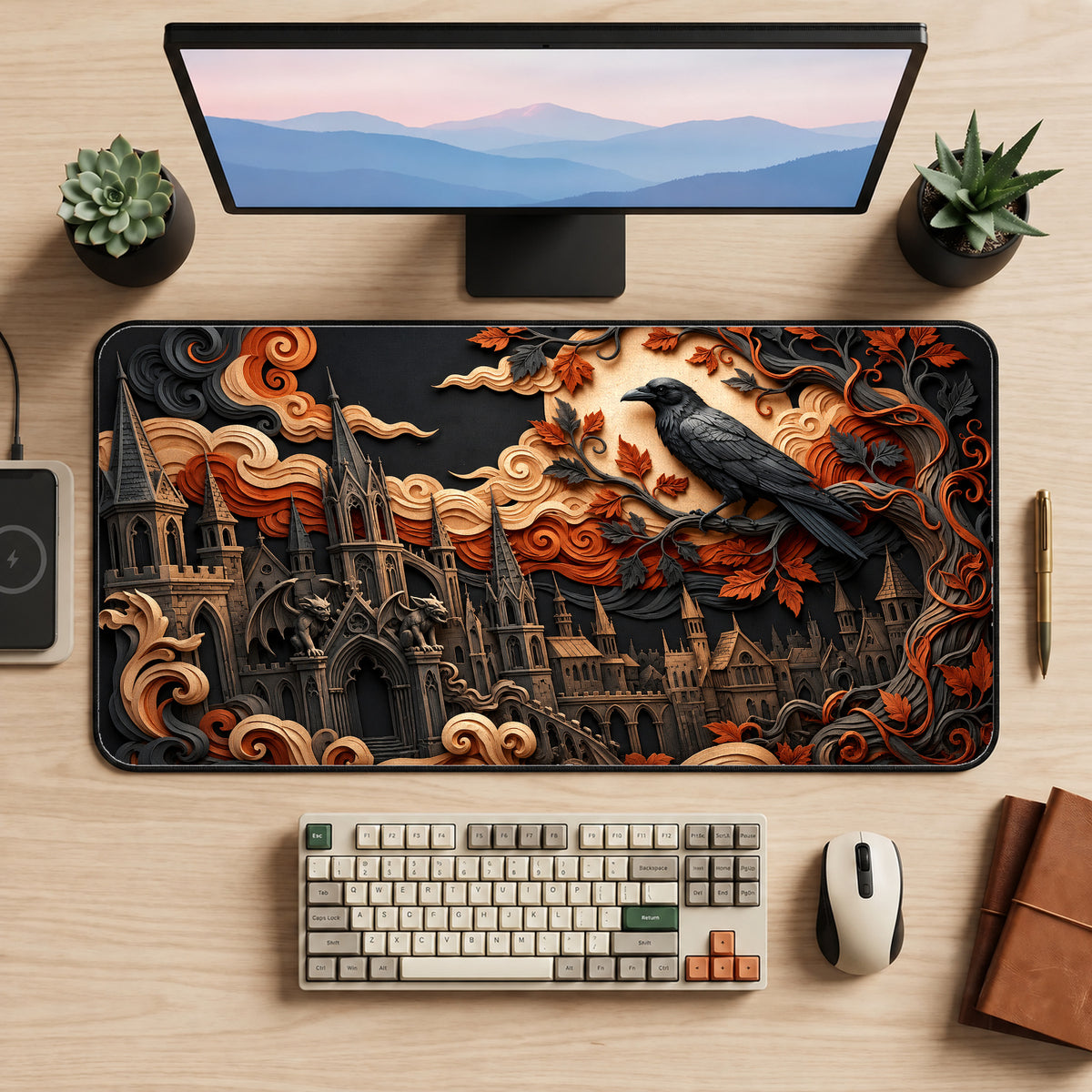 Autumn Gothic Raven Desk Mat — product mockup 2