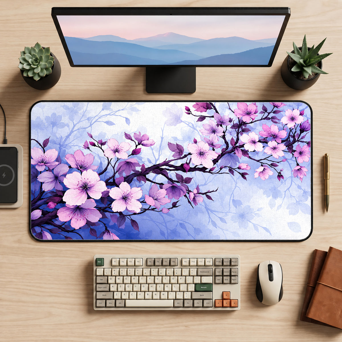 Blue and Purple Sakura Desk Mat — product mockup 2