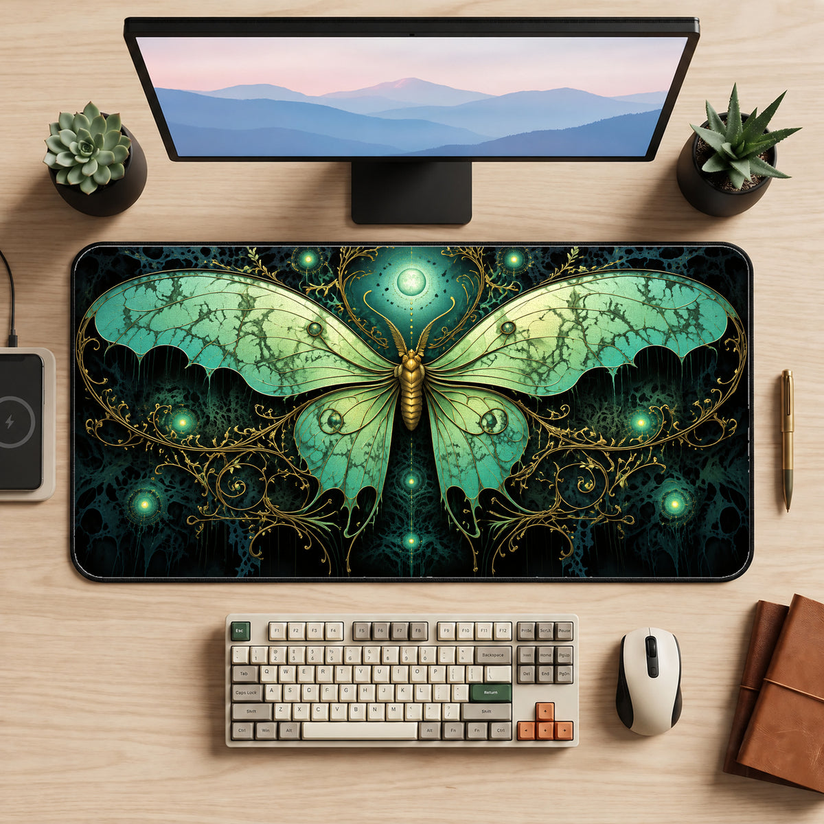 Green Luna Moth Desk Mat — product mockup 2