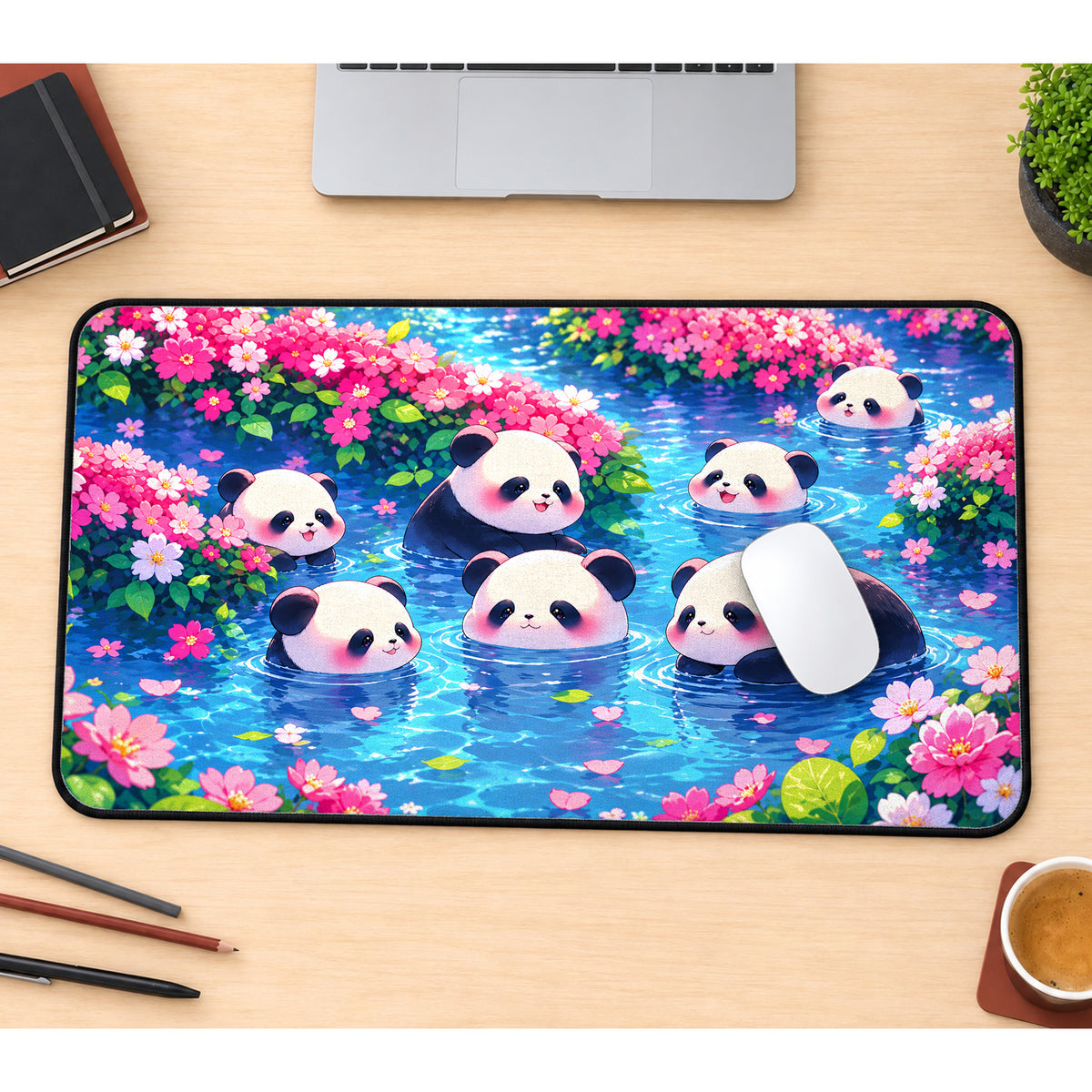 Kawaii Pandas and Flowers Desk Mat — product mockup 1