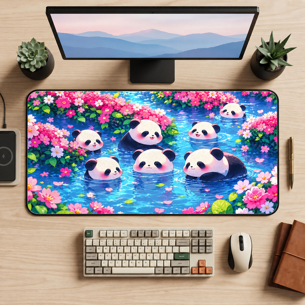 Kawaii Pandas and Flowers Desk Mat — product mockup 2