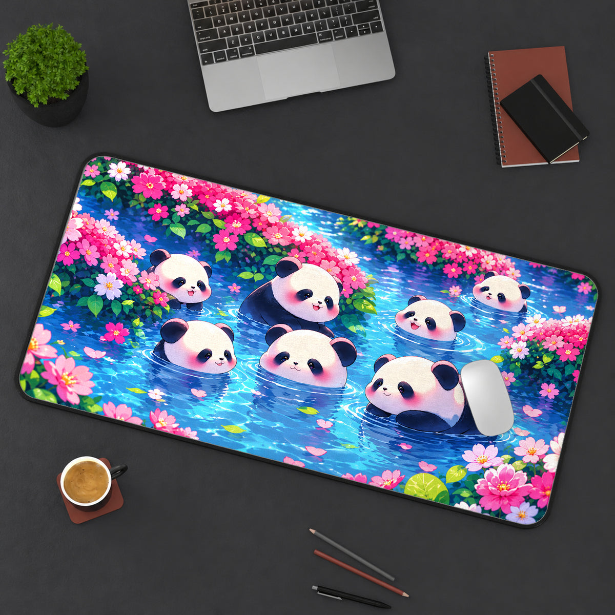 Kawaii Pandas and Flowers Desk Mat — product mockup 3
