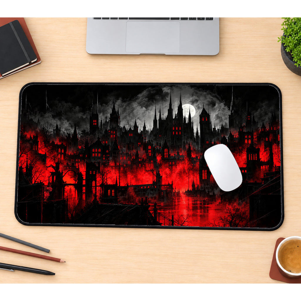 Red Haunted Castle Desk Mat — product mockup 1