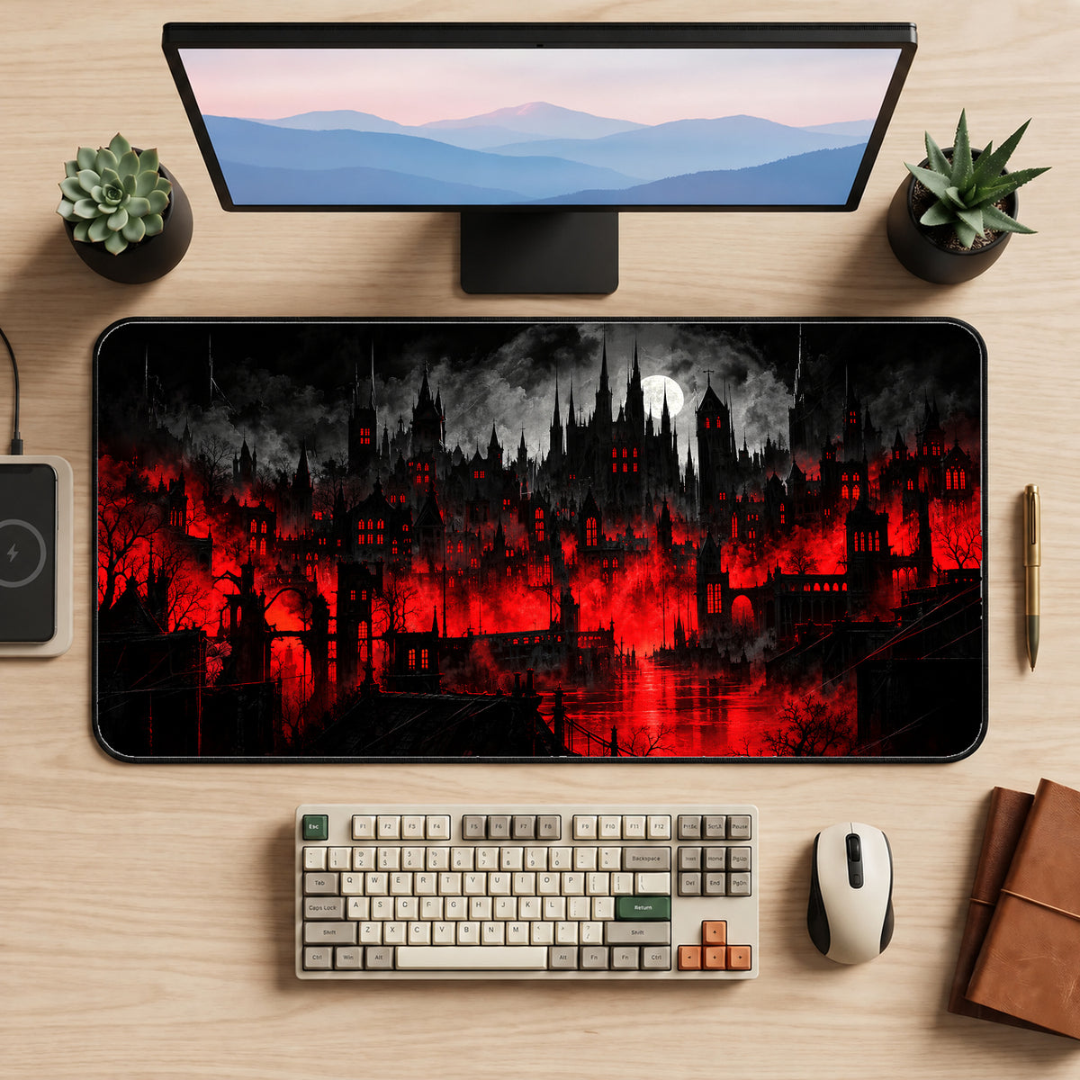 Red Haunted Castle Desk Mat — product mockup 2