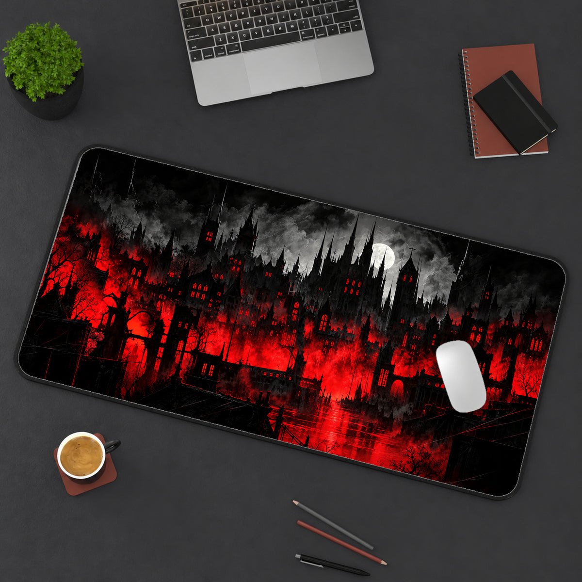 Red Haunted Castle Desk Mat — product mockup 3