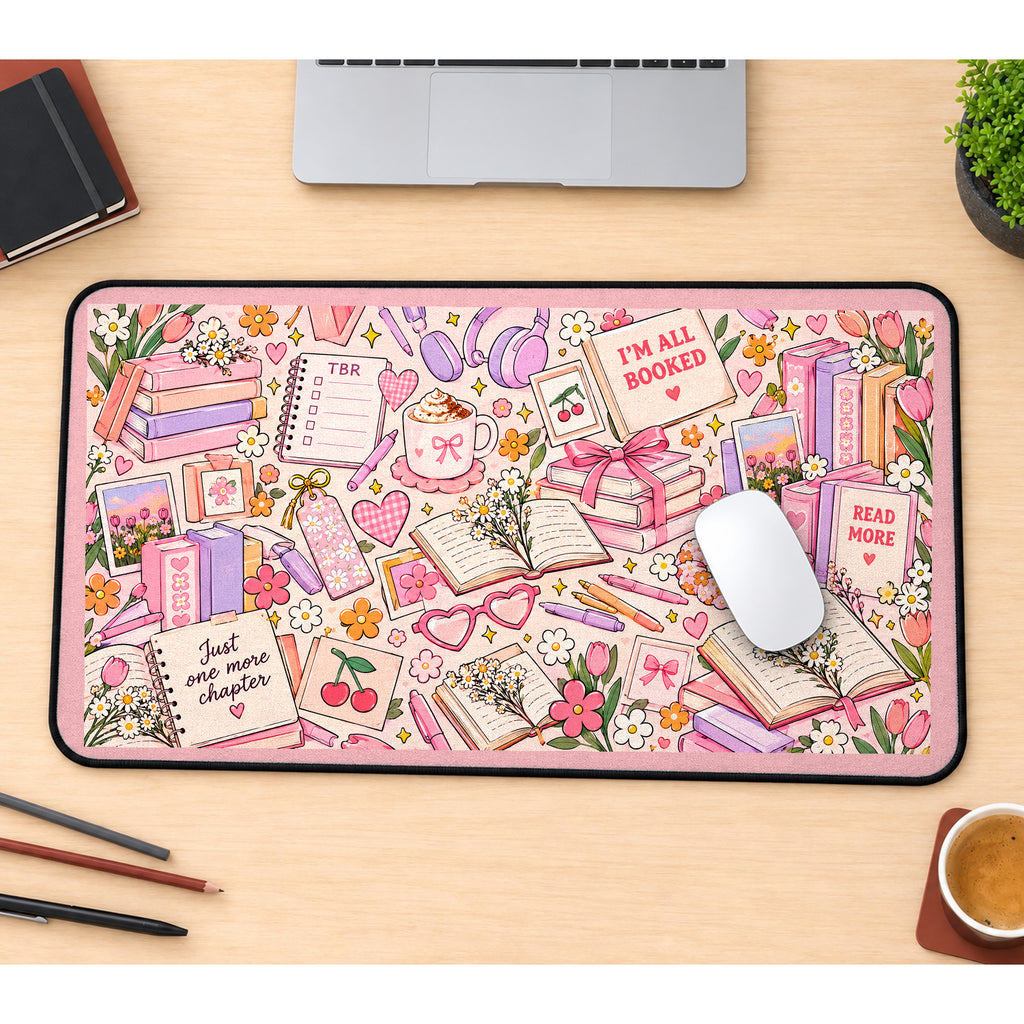 Pink Book Lover Collage desk mat — product mockup 1