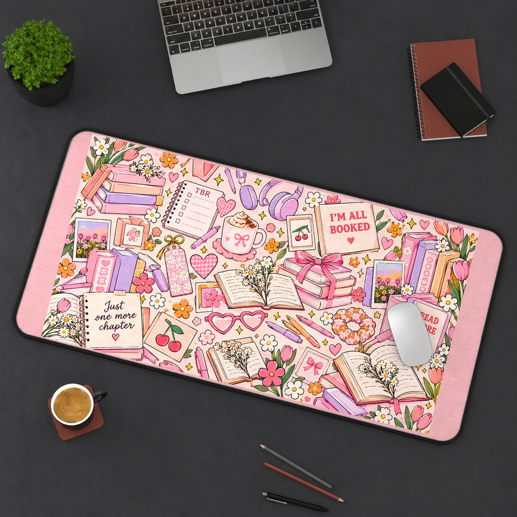 Pink Book Lover Collage desk mat — product mockup 3
