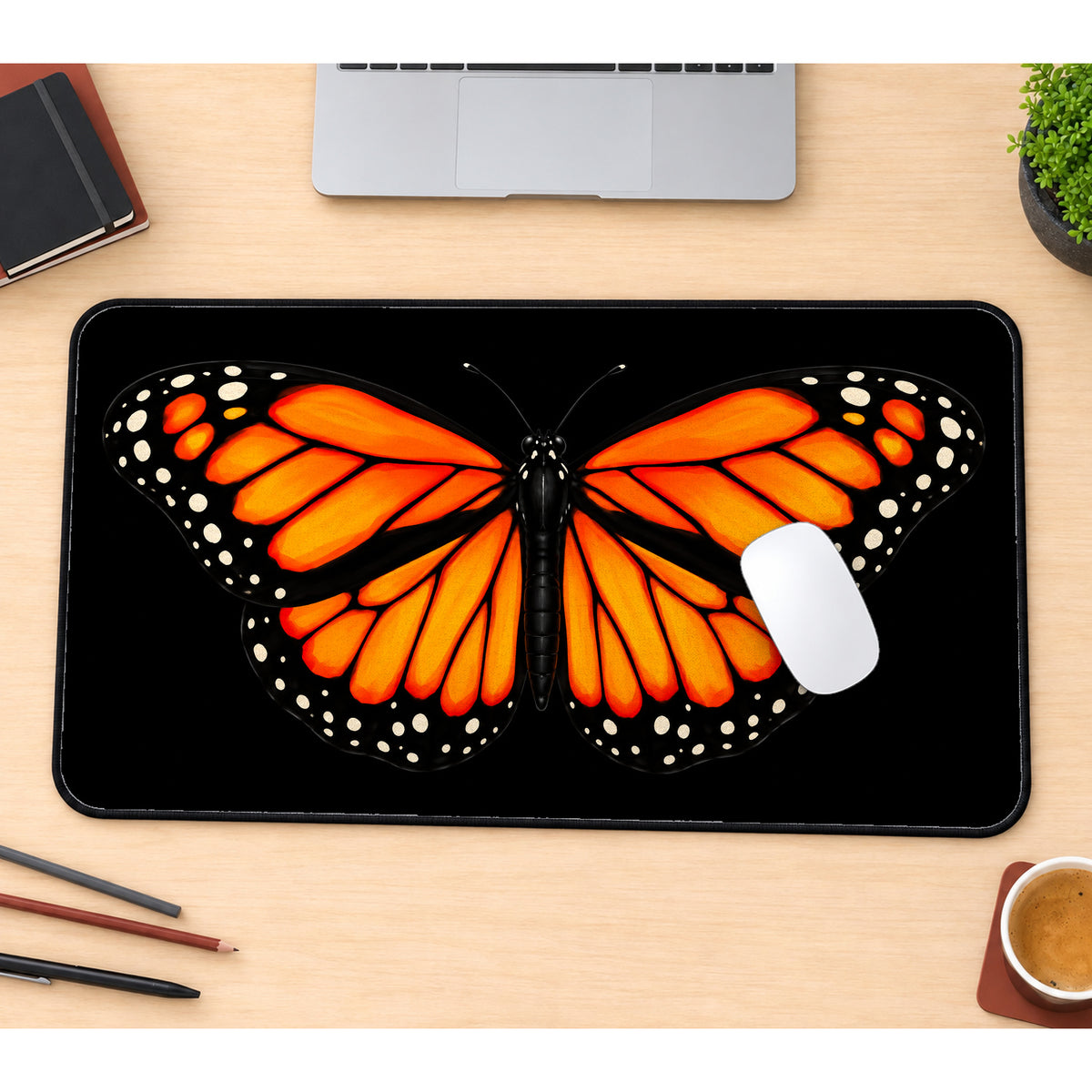 Orange Monarch on Black desk mat — product mockup 1