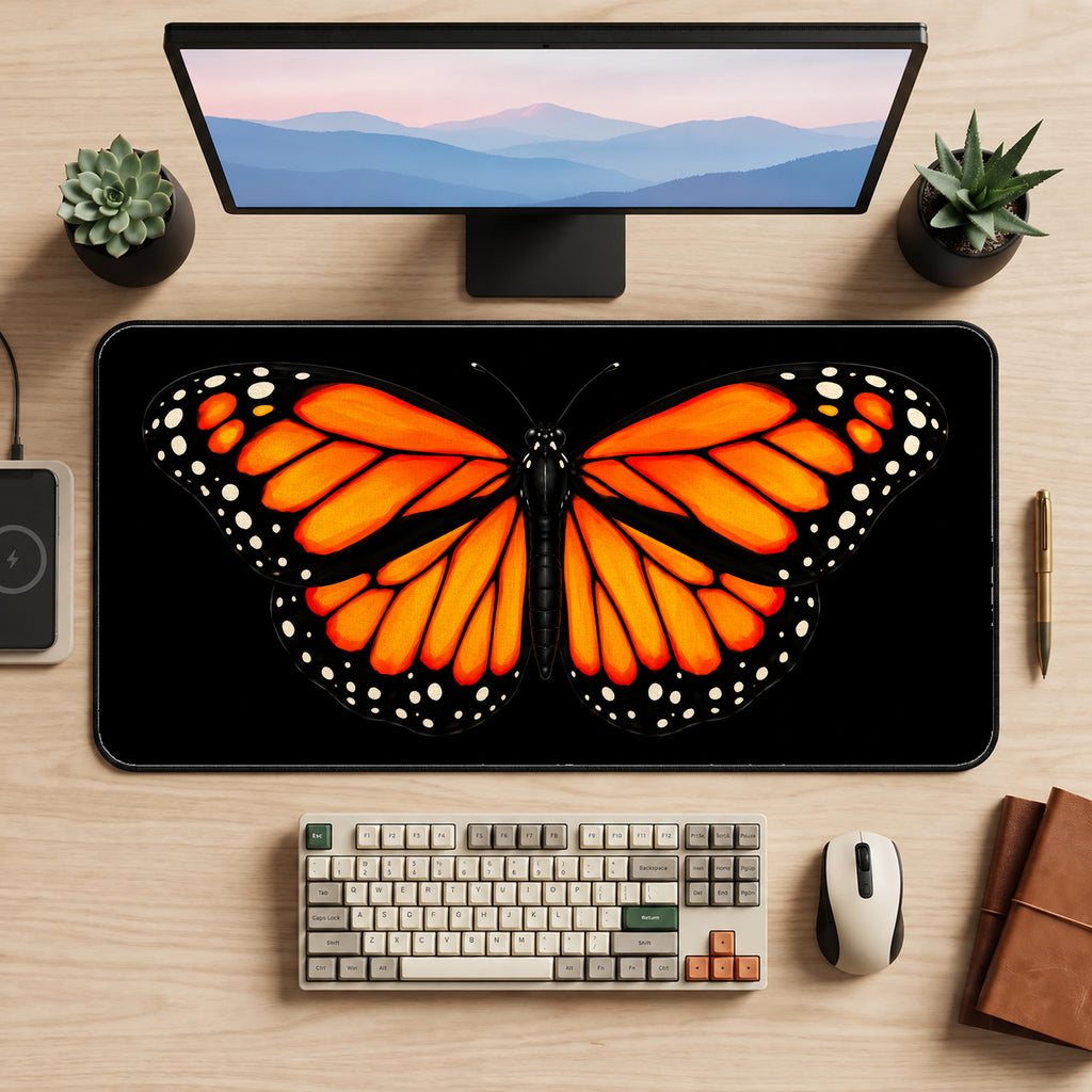 Orange Monarch on Black desk mat — product mockup 2