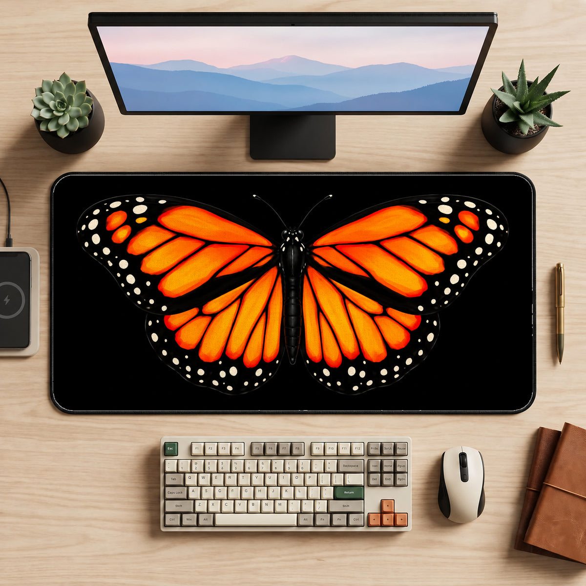 Orange Monarch on Black desk mat — product mockup 2