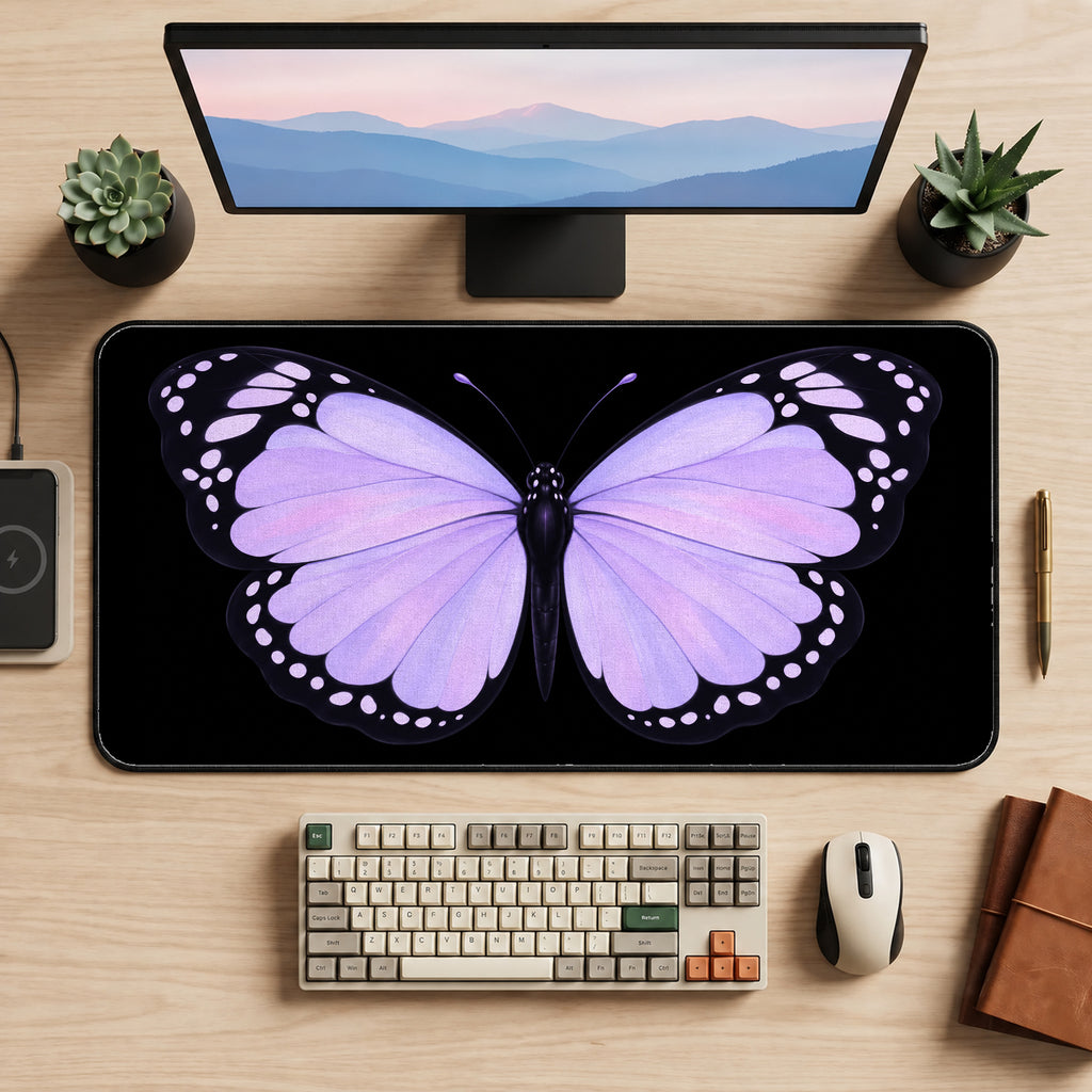 Lilac Butterfly on Black desk mat — product mockup 2