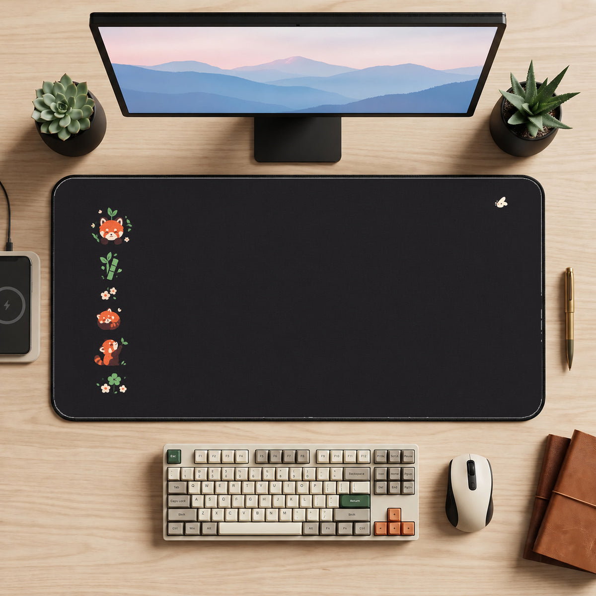 Tiny Red Panda Side Border desk mat — product mockup 2