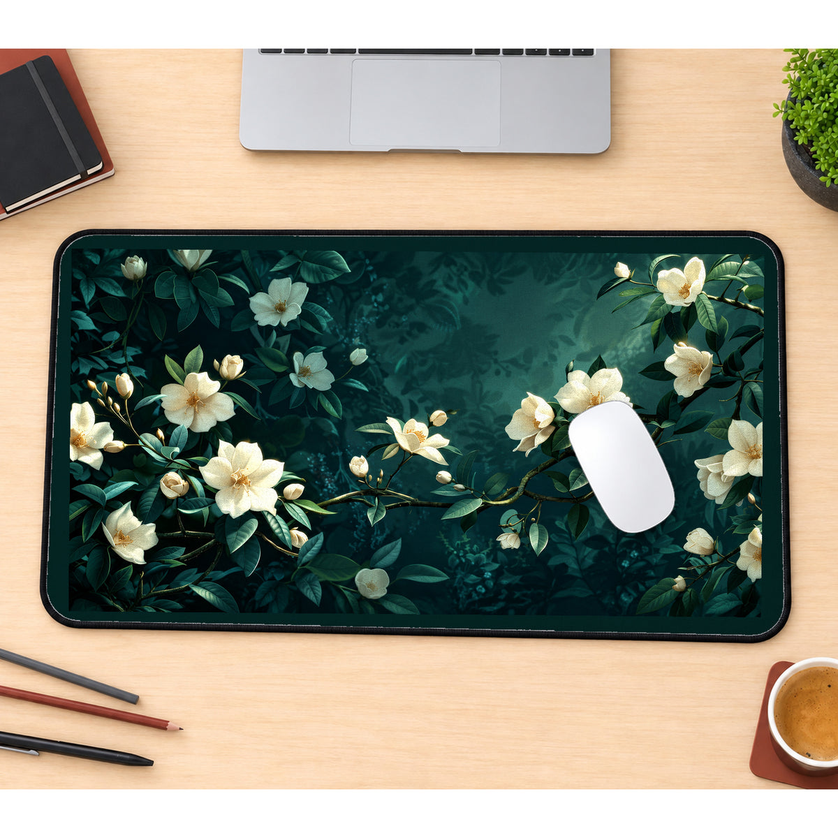 White Jasmine on Deep Teal desk mat — product mockup 1