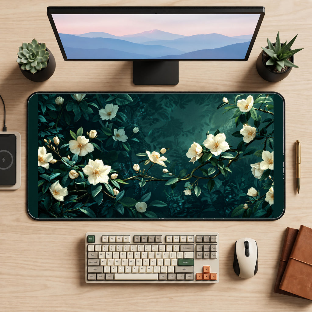 White Jasmine on Deep Teal desk mat — product mockup 2