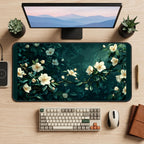 White Jasmine on Deep Teal desk mat — product mockup 2