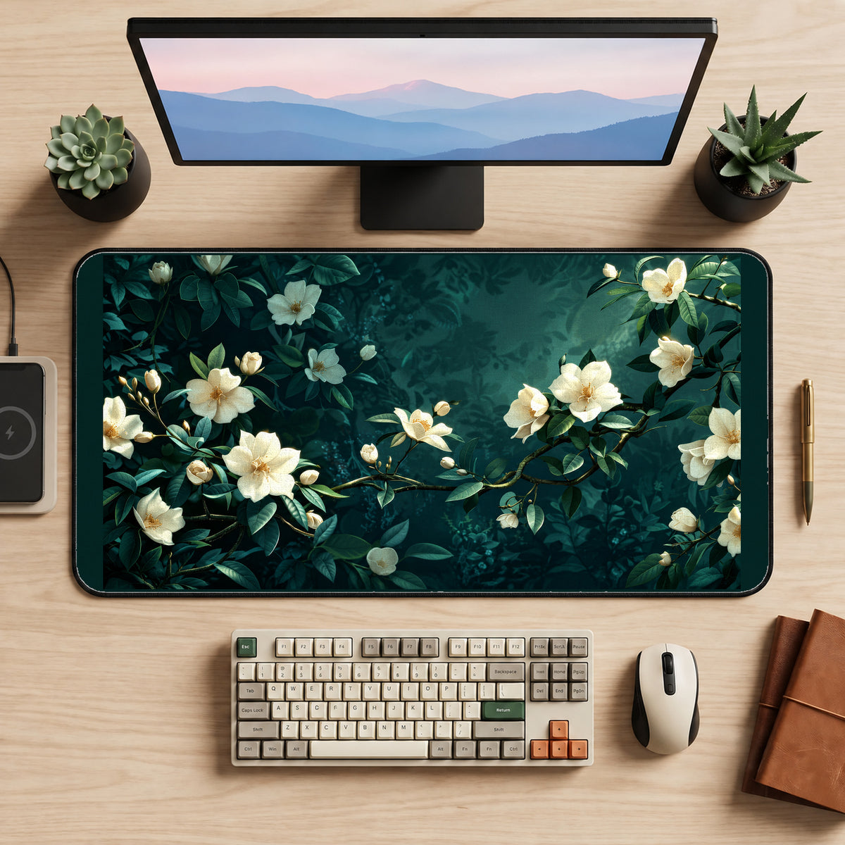 White Jasmine on Deep Teal desk mat — product mockup 2