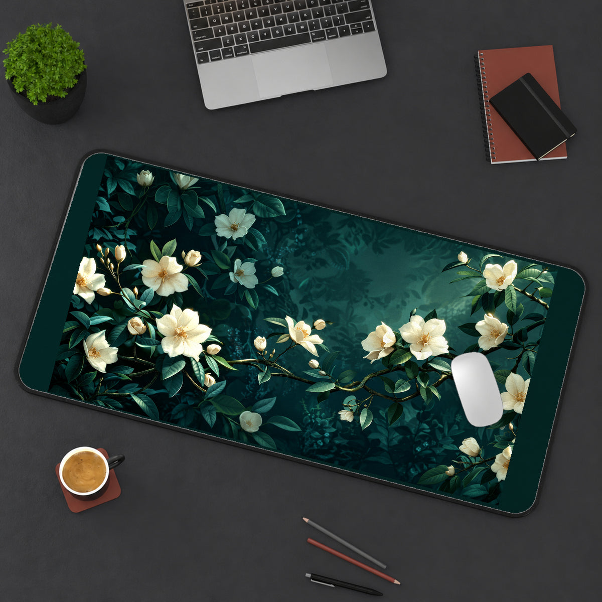 White Jasmine on Deep Teal desk mat — product mockup 3