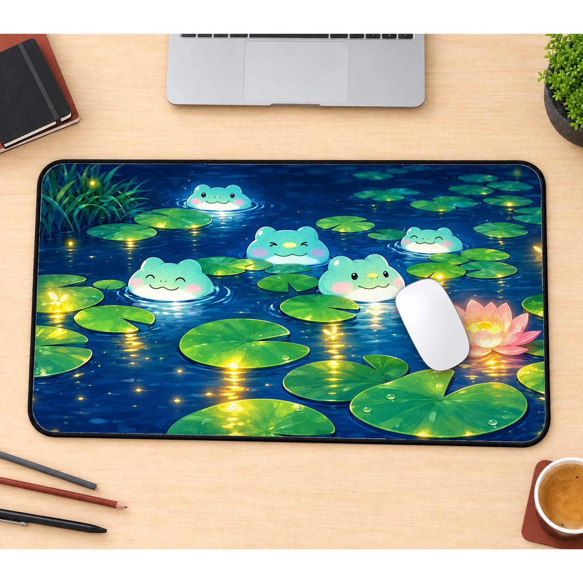 Kawaii Frogs at Night Desk Mat — product mockup 1
