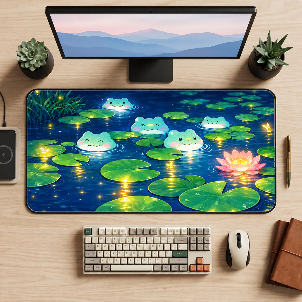 Kawaii Frogs at Night Desk Mat — product mockup 2