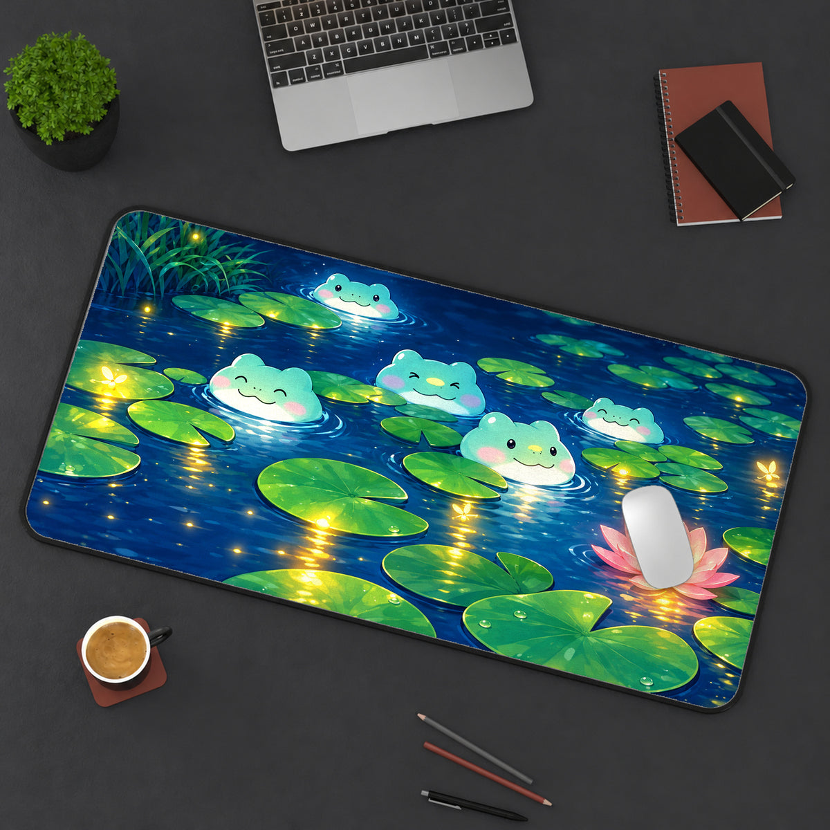 Kawaii Frogs at Night Desk Mat — product mockup 3