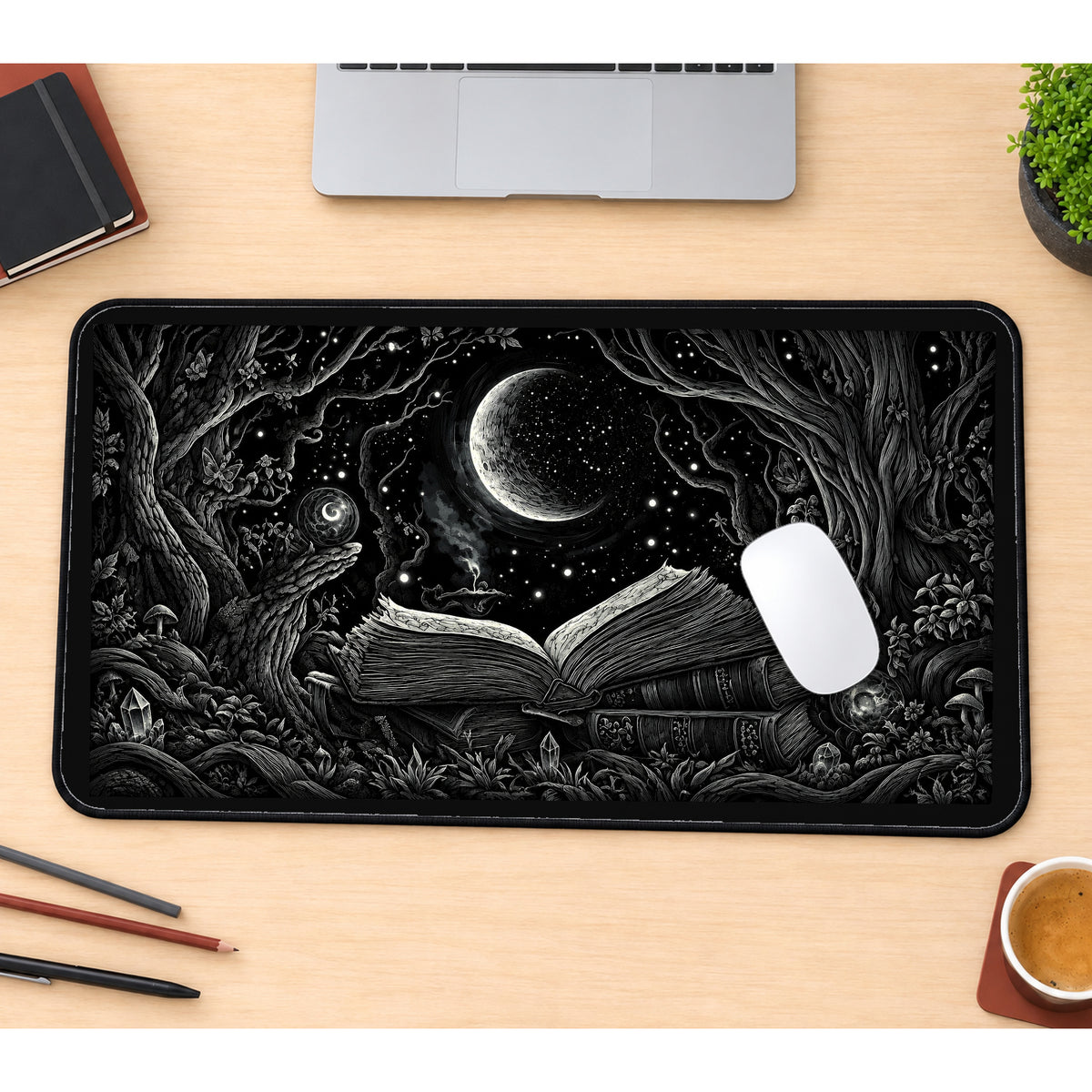 Open Book in a Moonlit Forest desk mat — product mockup 1