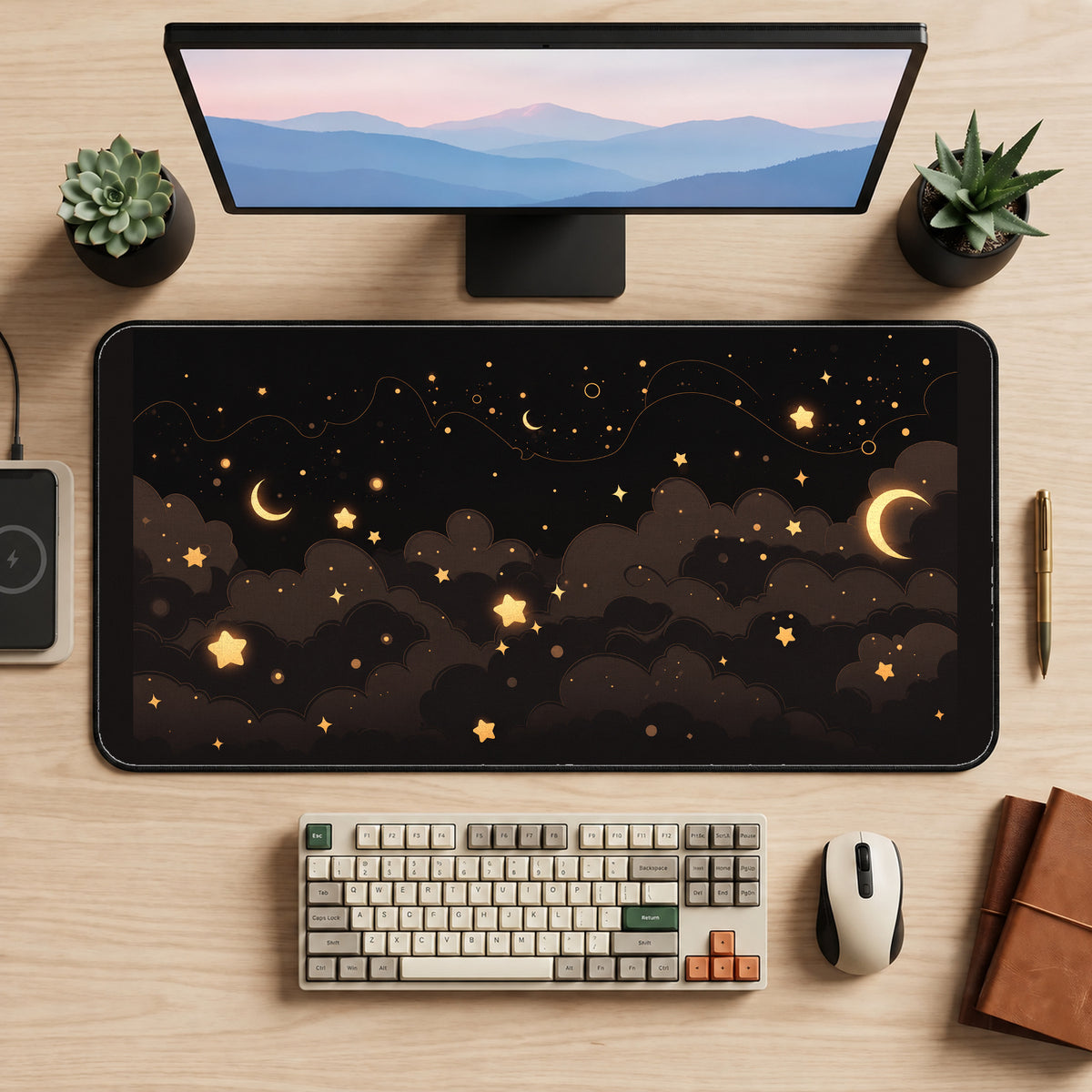 Gold Moons and Drifting Stars desk mat — product mockup 2
