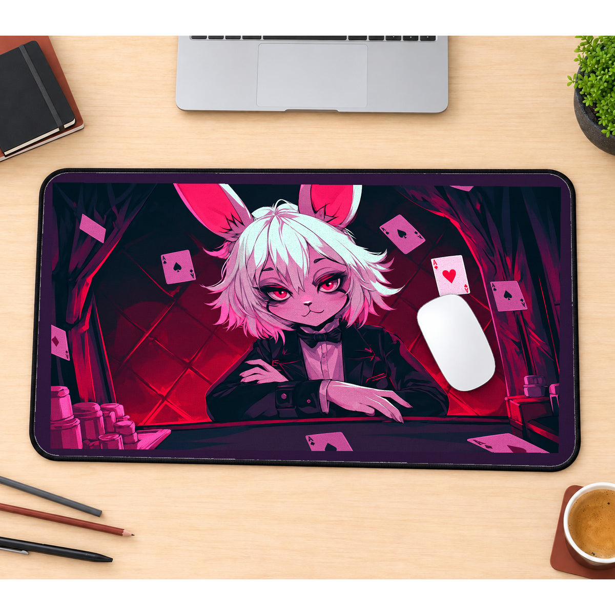 Trickster Bunny and Playing Cards desk mat — product mockup 1