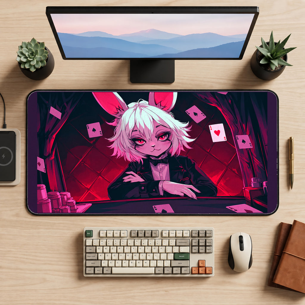 Trickster Bunny and Playing Cards desk mat — product mockup 2