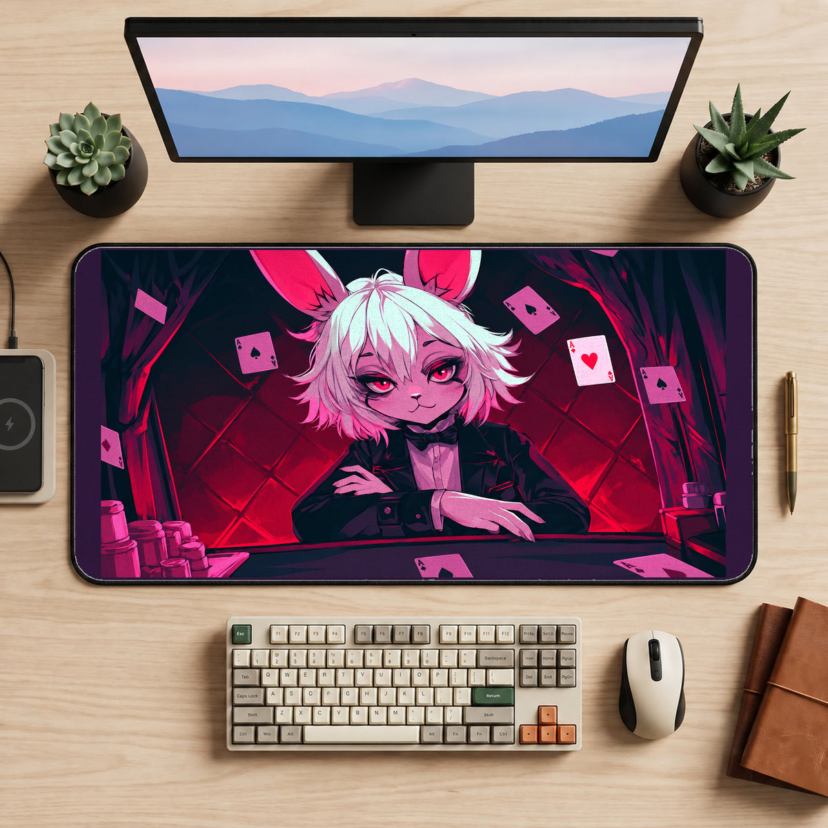 Trickster Bunny and Playing Cards desk mat — product mockup 2