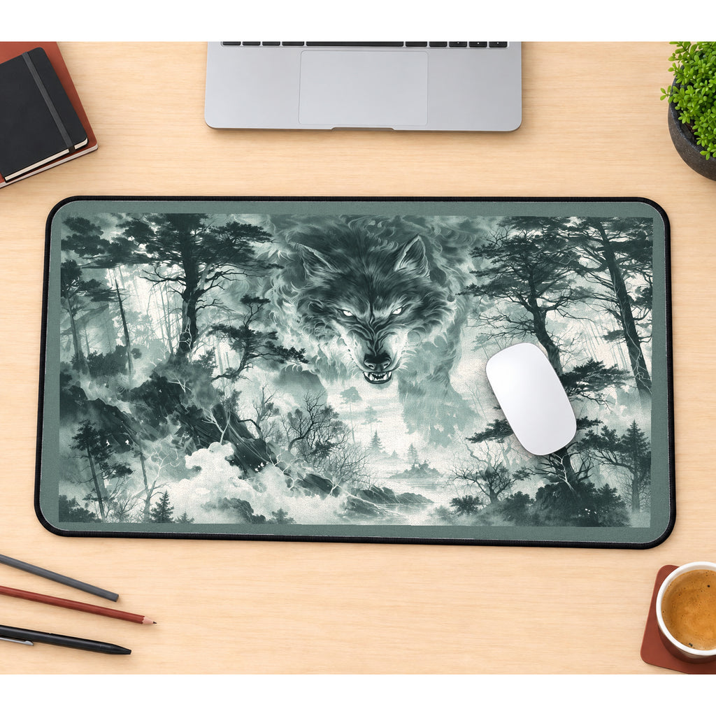 Spirit Wolf in a Snowy Forest desk mat — product mockup 1