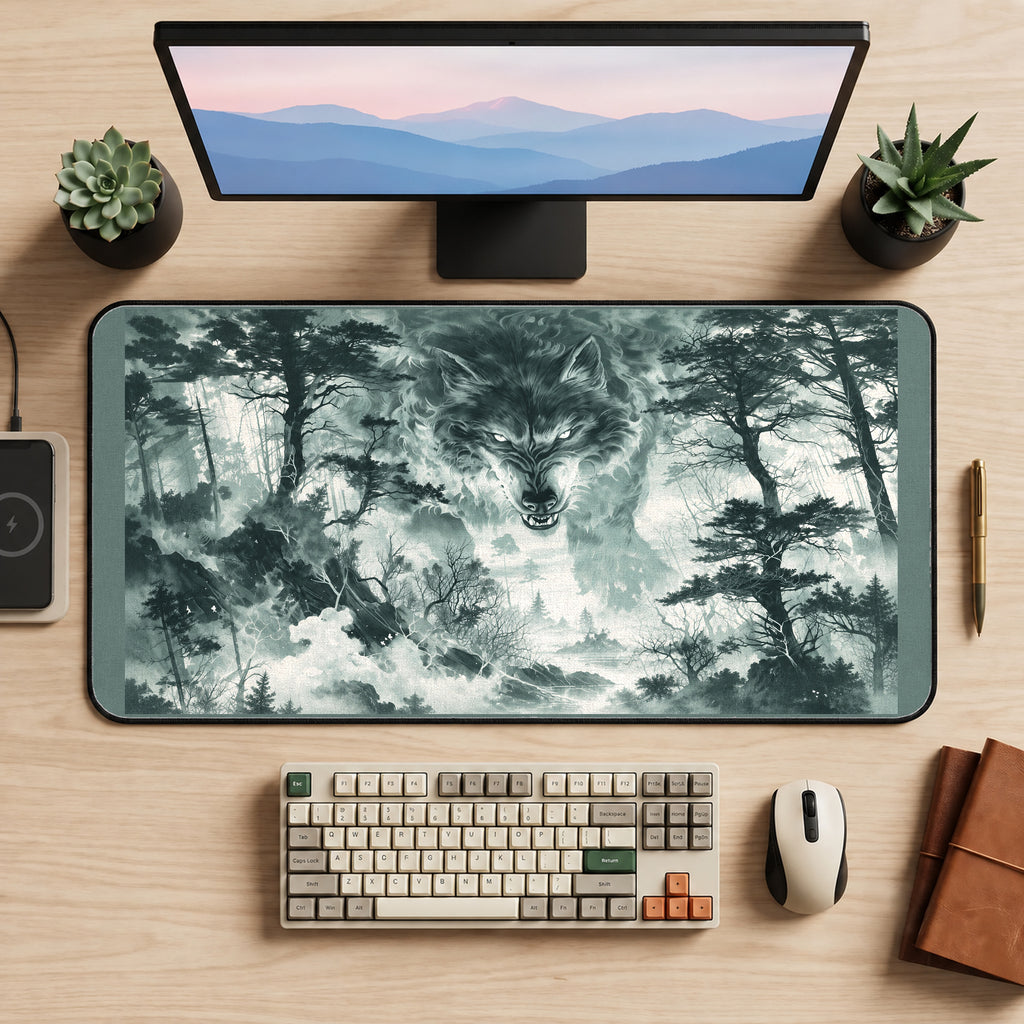 Spirit Wolf in a Snowy Forest desk mat — product mockup 2