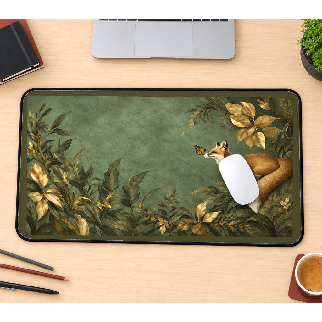 Botanical Fox and Butterflies desk mat — product mockup 1