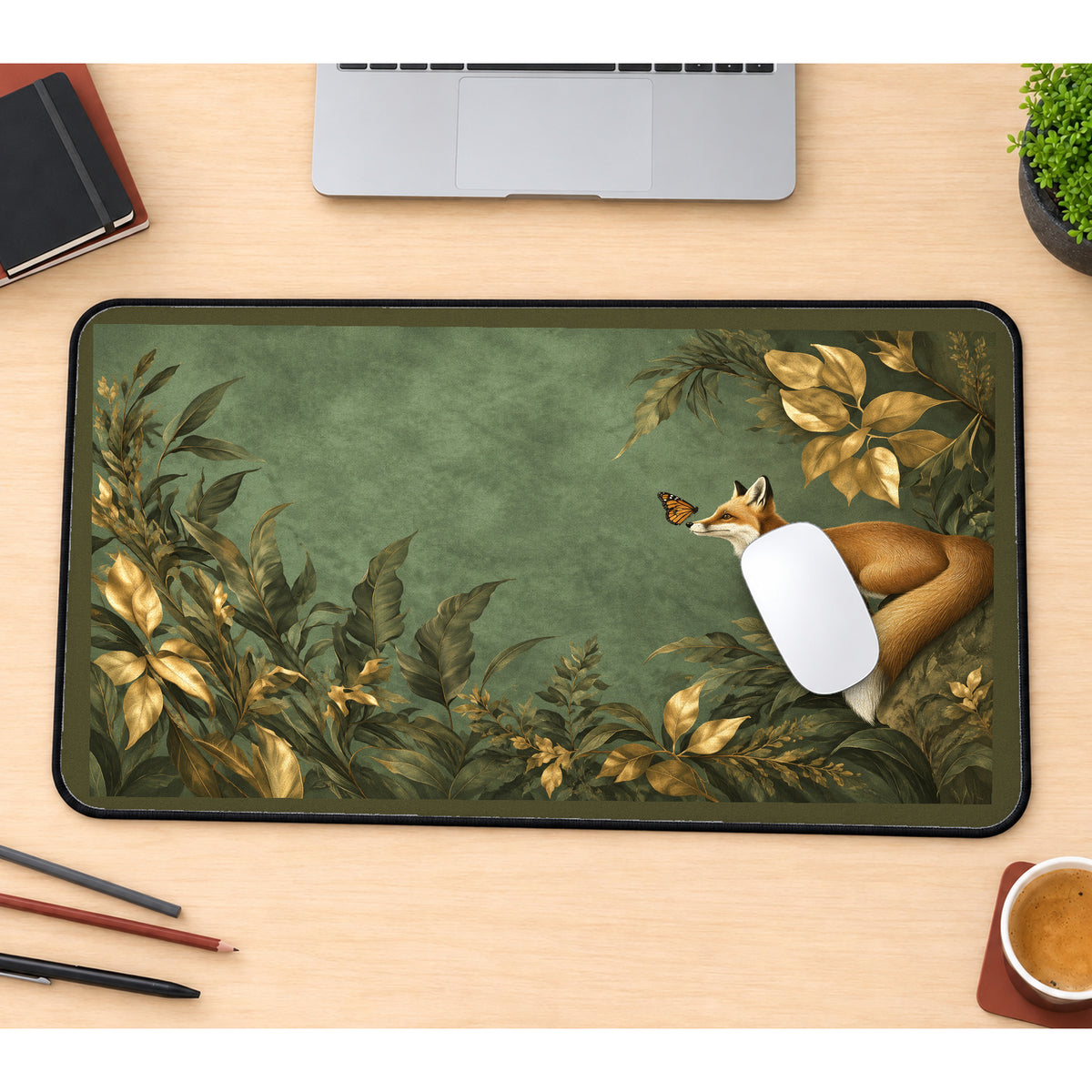 Botanical Fox and Butterflies desk mat — product mockup 1