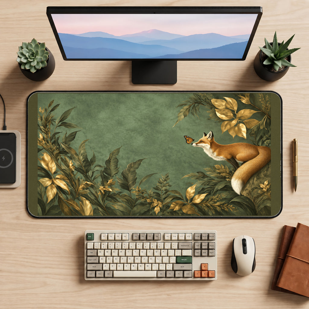 Botanical Fox and Butterflies desk mat — product mockup 2