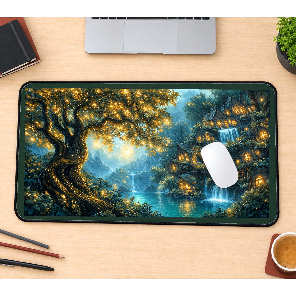 Glowing Elven Tree Village desk mat — product mockup 1