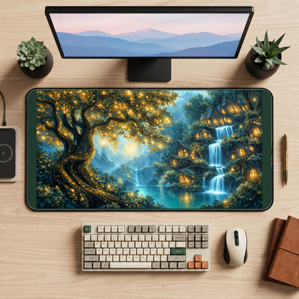 Glowing Elven Tree Village desk mat — product mockup 2