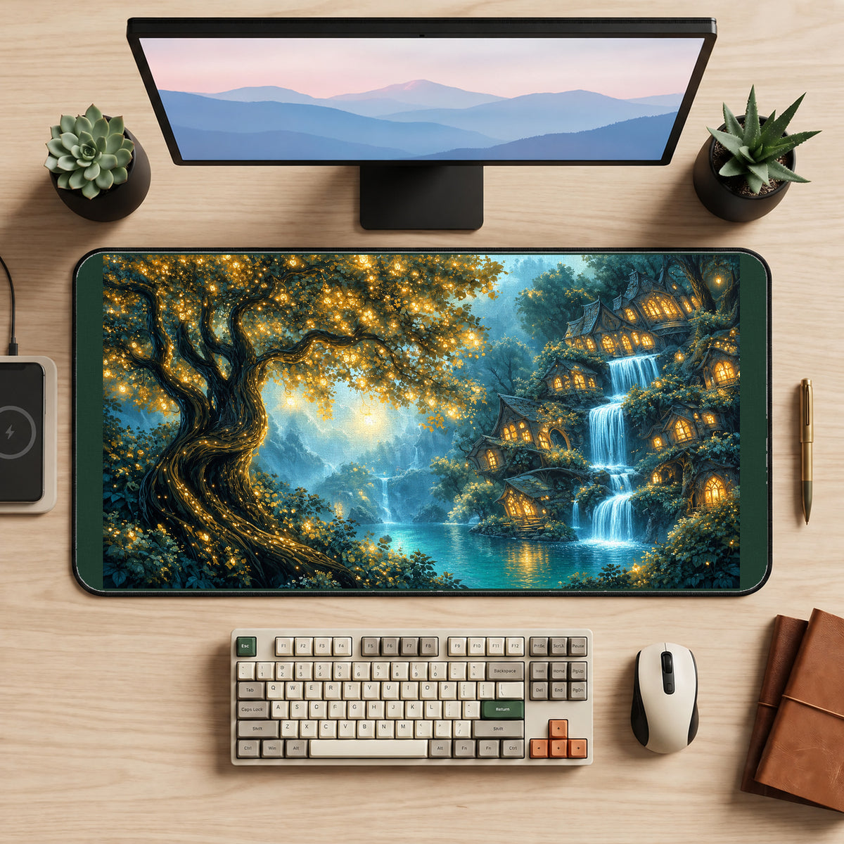 Glowing Elven Tree Village desk mat — product mockup 2