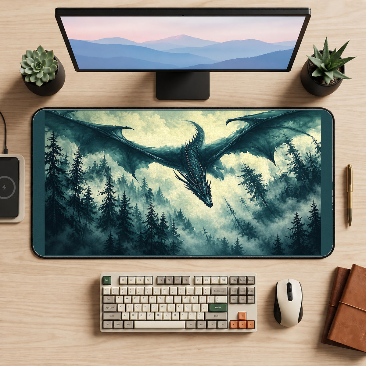 Dark Dragon over a Pine Valley desk mat — product mockup 2