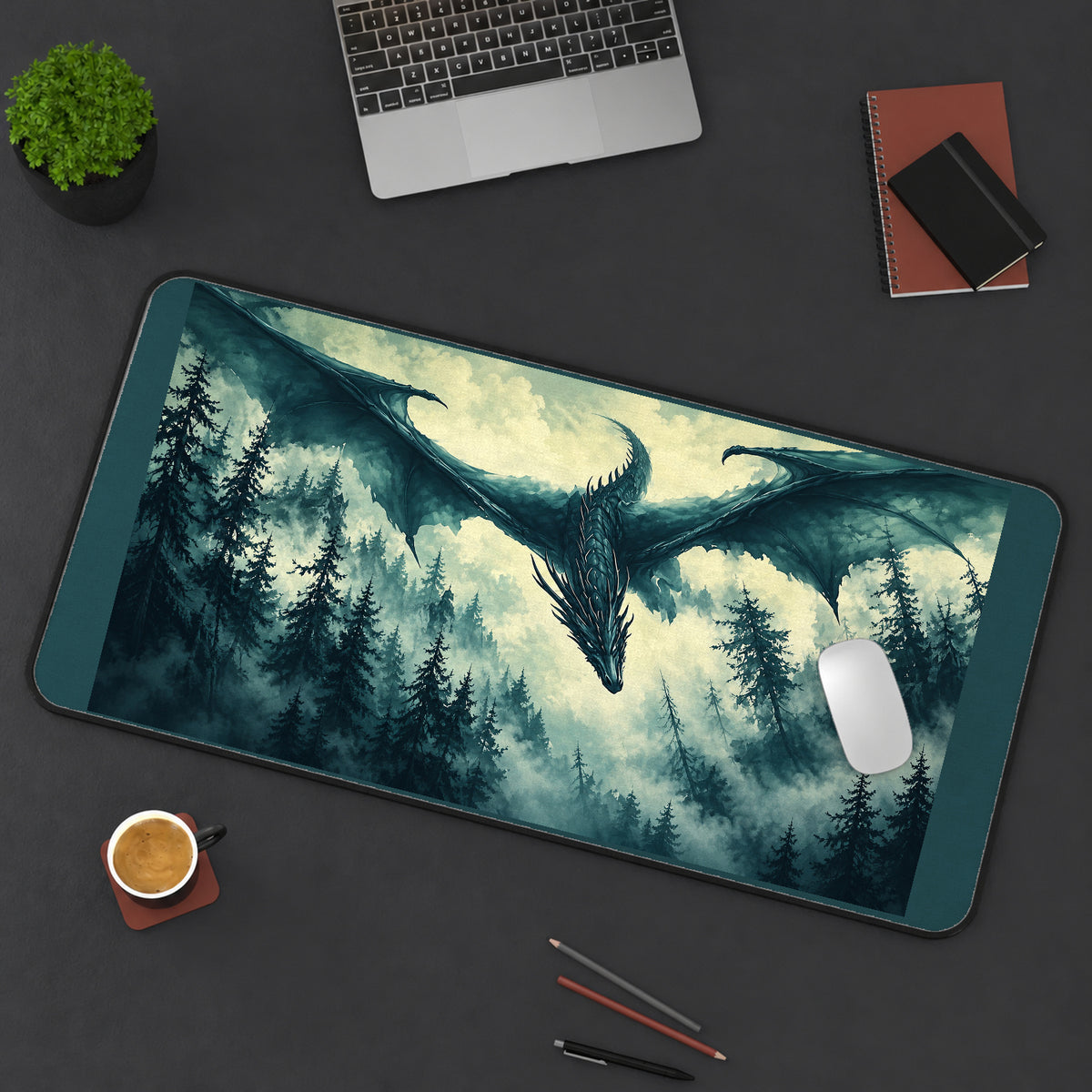 Dark Dragon over a Pine Valley desk mat — product mockup 3