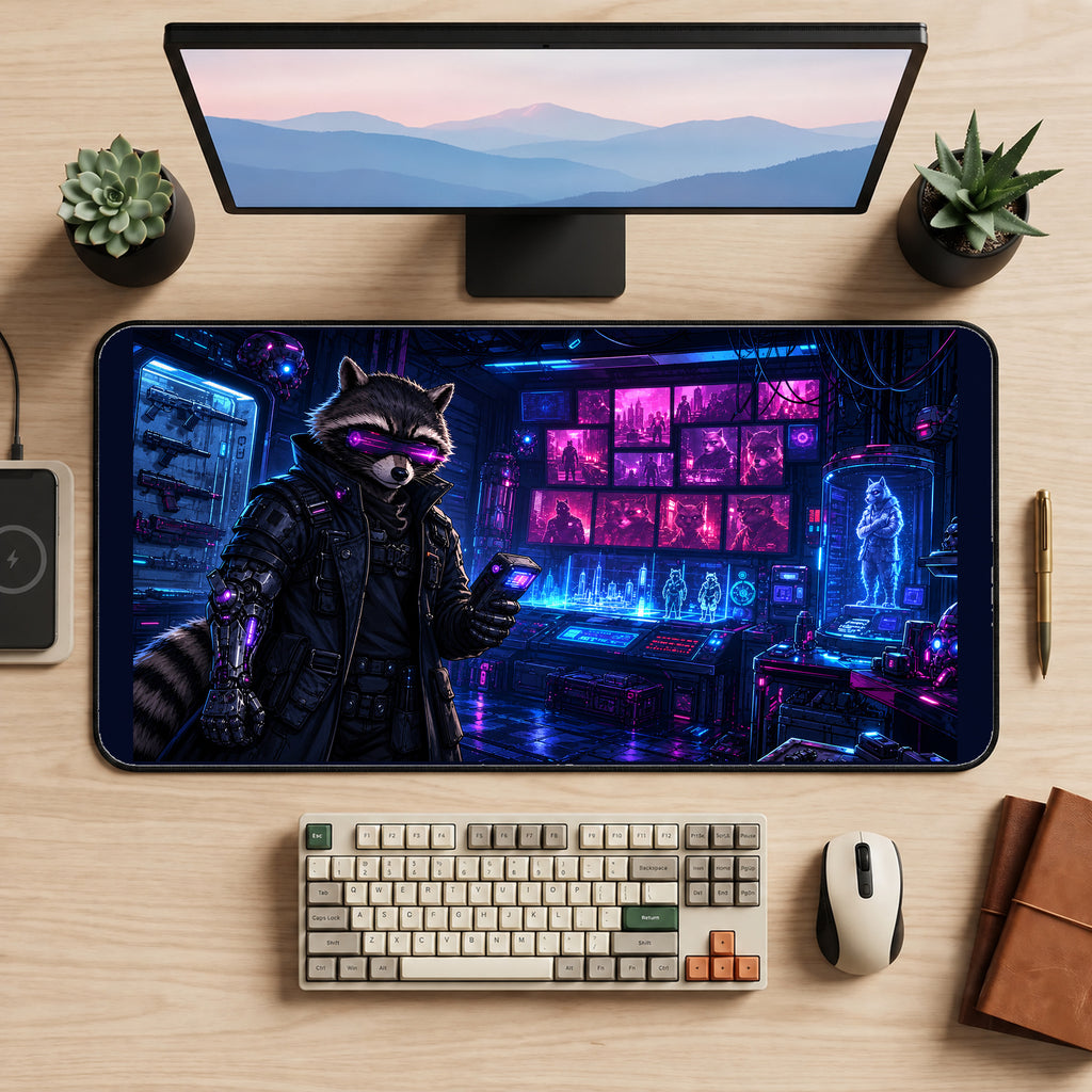 Cyberpunk Raccoon Workshop desk mat — product mockup 2