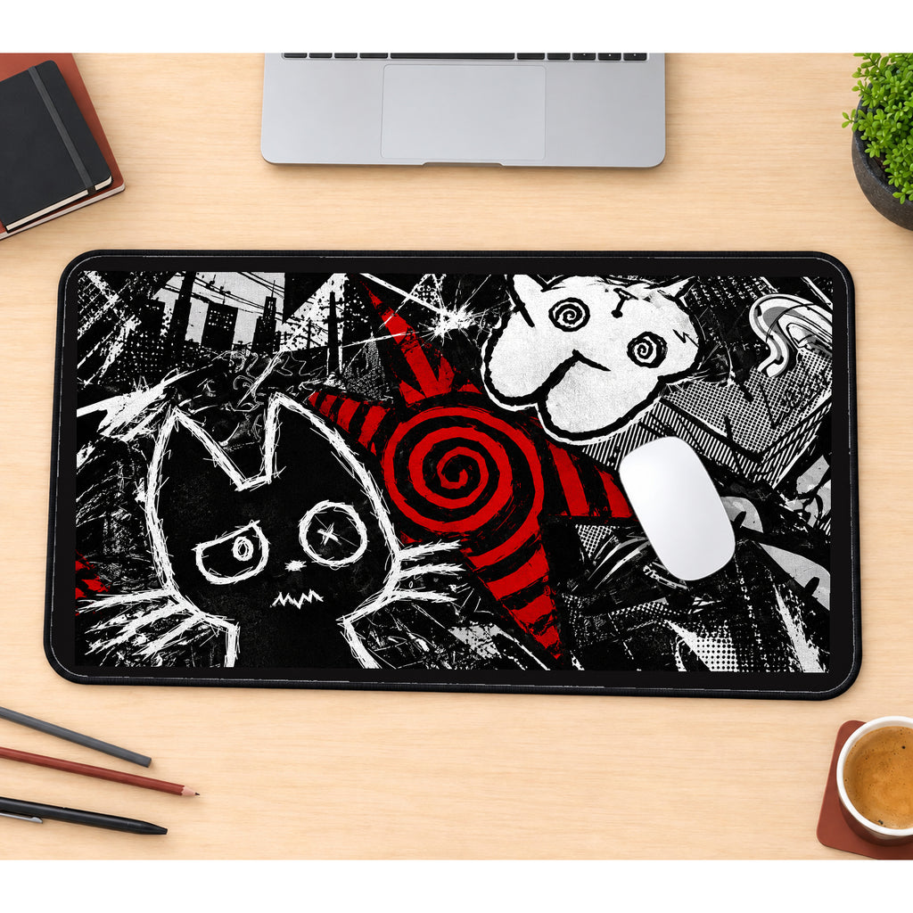 Black Cat and Red Spiral Collage desk mat — product mockup 1